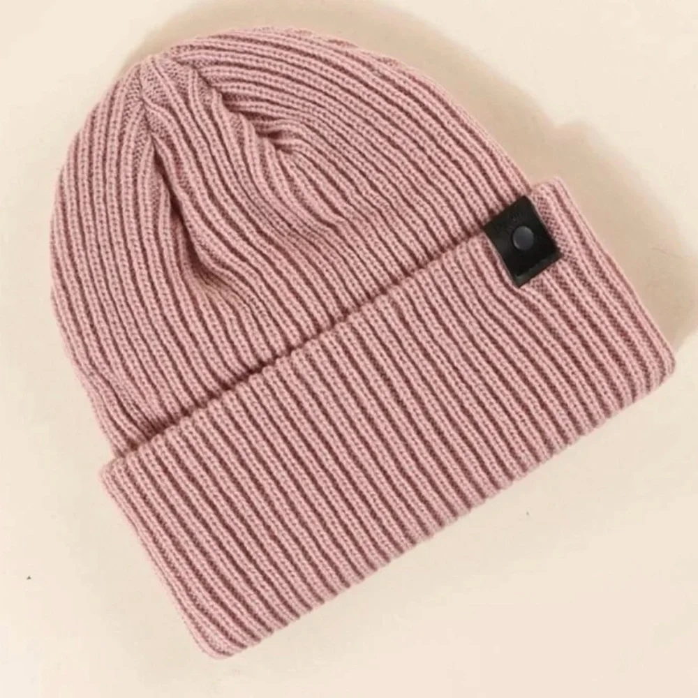 Ribbed Knit Beanie With Snap Button Detail, Dusty Pink